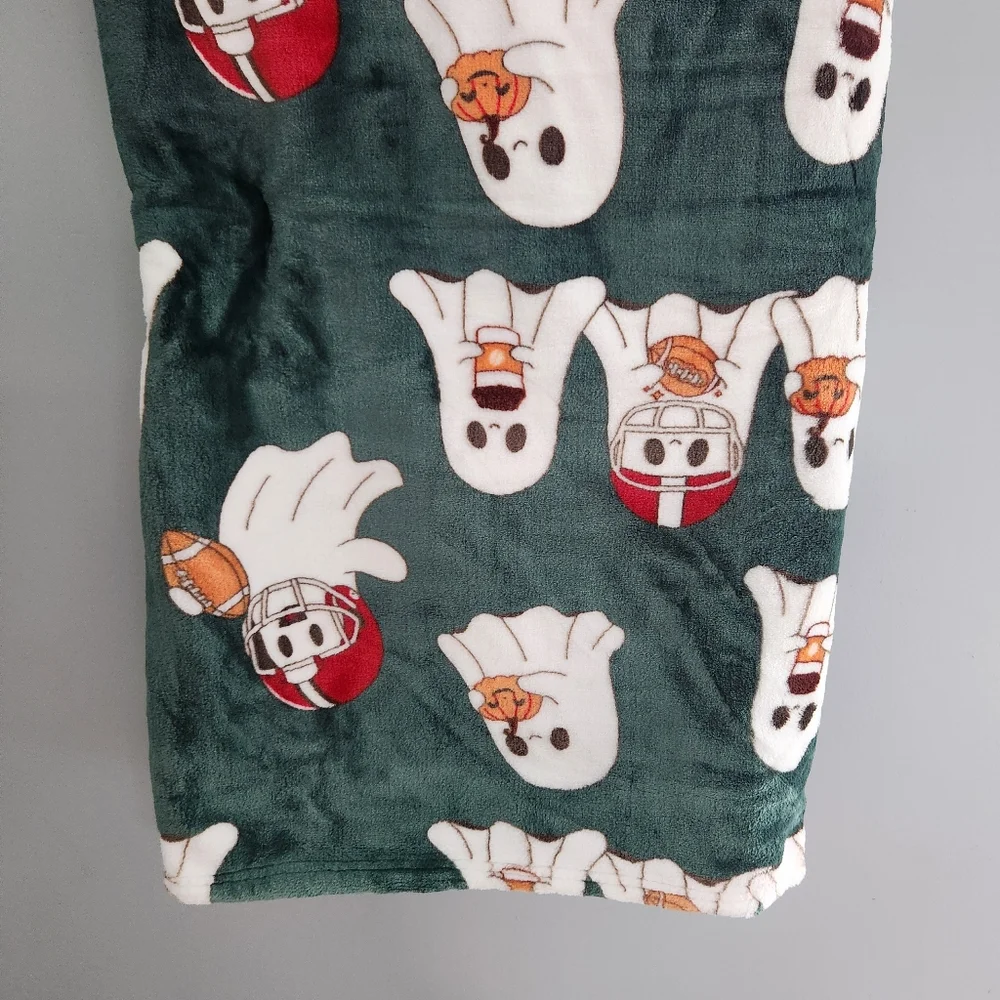 Rachel Dark Green Ghost Football Fall Pattern Pumpkin Plush Throw Blanket NWT